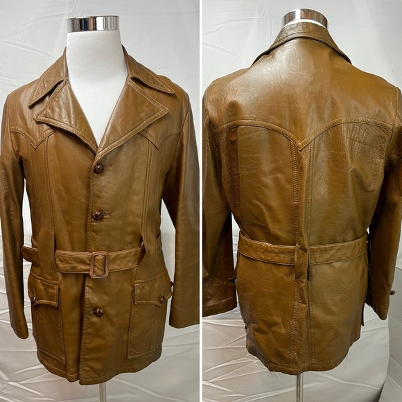 Vintage Other - Vintage 60s 70s Mens 38 Western Belted Brown Cabretta Leather Jacket Trench Coat